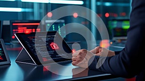 A high-tech digital lock in front of a glowing computer screen, securing sensitive business and personal data