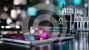 A high-tech digital lock in front of a glowing computer screen, securing sensitive business and personal data