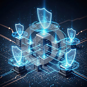 Futuristic network security system with glowing shields protecting digital servers and data