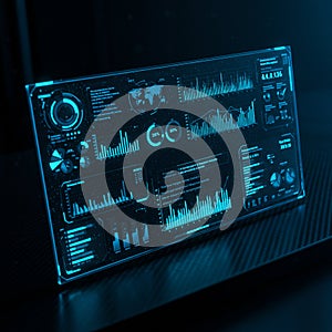 A high-tech digital screen displaying various graphical data visualizations, such as ba