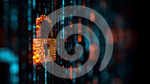 Digital Cyber Security Lock - Orange Glowing Padlock with Binary Code Data