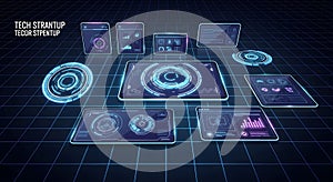 Futuristic technology interface with glowing hud elements on a dark grid background