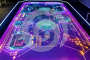 A high-tech drone control center where operators manage fleets using hexagonal interactive holograms