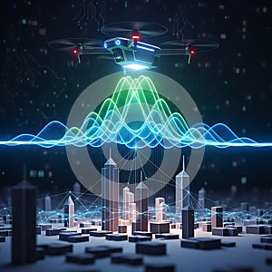 Advanced drone technology illuminates futuristic cityscape with vibrant digital data visualization
