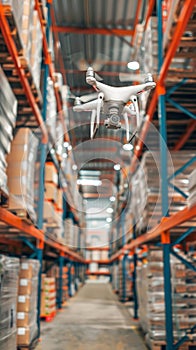 A high-tech drone hovers inside a warehouse, illuminating the path with blue lights, indicative of modern security and