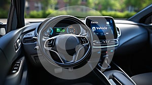 High tech electric vehicle interior featuring modern dashboard, digital display, and sleek design. dashboard showcases various