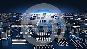 High tech electronic PCB Printed circuit board with processor and microchips photo