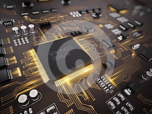 High tech electronic PCB (Printed circuit board) with processor, microchips and glowing digital electronic signals