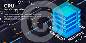 High tech electronic PCB Printed circuit board with processor, microchips and glowing digital electronic signals. The processor on