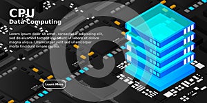 High tech electronic PCB Printed circuit board with processor, microchips and glowing digital electronic signals. The processor on