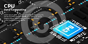 High tech electronic PCB Printed circuit board with processor, microchips and glowing digital electronic signals. The processor on