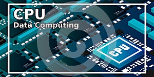 High tech electronic PCB Printed circuit board with processor, microchips and glowing digital electronic signals. The processor on