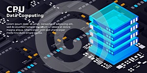 High tech electronic PCB Printed circuit board with processor, microchips and glowing digital electronic signals. The processor on