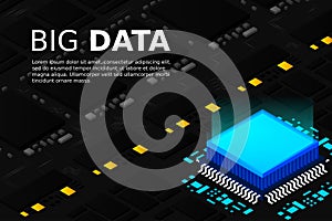 High tech electronic PCB Printed circuit board with processor, microchips and glowing digital electronic signals. The processor on