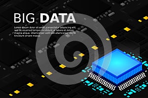 High tech electronic PCB Printed circuit board with processor, microchips and glowing digital electronic signals. The processor on