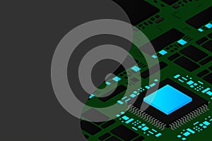 High tech electronic PCB Printed circuit board with processor, microchips and glowing digital electronic signals. The processor on