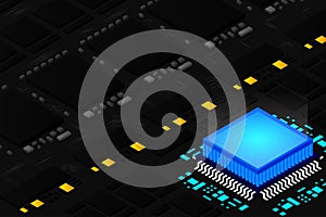 High tech electronic PCB Printed circuit board with processor, microchips and glowing digital electronic signals. The processor on