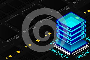 High tech electronic PCB Printed circuit board with processor, microchips and glowing digital electronic signals. The processor on