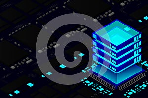 High tech electronic PCB Printed circuit board with processor, microchips and glowing digital electronic signals. The processor on