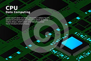 High tech electronic PCB Printed circuit board with processor, microchips and glowing digital electronic signals. The processor on