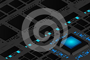 High tech electronic PCB Printed circuit board with processor, microchips and glowing digital electronic signals. The processor on