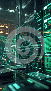 High Tech Financial Trading Modern Digital Stock Market Analysis with Real Time Data Visualizations on Multiple Screens in a