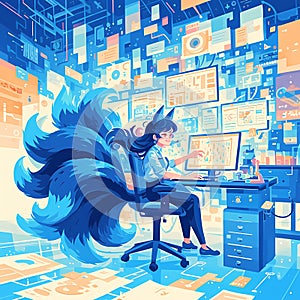 High-tech fox character, professional work environment