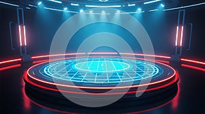 Futuristic Circular Platform with Glowing Blue Grid & Holographic Display Sci-Fi Stage & Neon Lights photo
