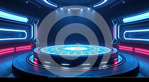 Futuristic Circular Platform with Glowing Blue Grid & Holographic Display Sci-Fi Stage & Neon Lights photo
