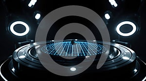 Futuristic Circular Platform with Glowing Blue Grid & Holographic Display Sci-Fi Stage & Neon Lights photo