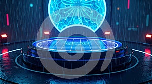 Futuristic Circular Platform with Glowing Blue Grid & Holographic Display Sci-Fi Stage & Neon Lights photo