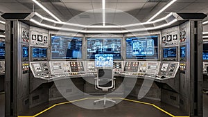 Futuristic control room with multiple screens and complex console