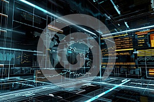 Futuristic Digital Dashboard with Global Map and Financial Graph Visualizations