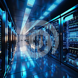 A high tech futuristic data center backend database server room installation