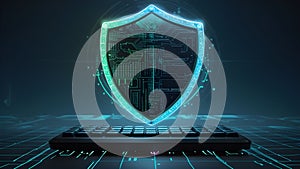 Digital Code Shield Floating Above Keyboard with Neon Cybersecurity Theme