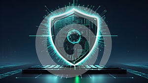 Digital Code Shield Floating Above Keyboard with Neon Cybersecurity Theme