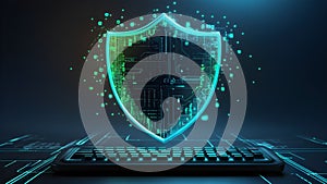 Digital Code Shield Floating Above Keyboard with Neon Cybersecurity Theme