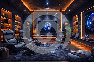 High-tech gaming room with surround sound LED lighting