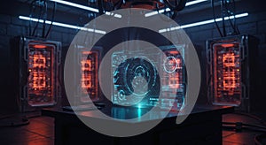 Futuristic Hacking Laboratory with Digital Interface and Neon Red and Blue Lights