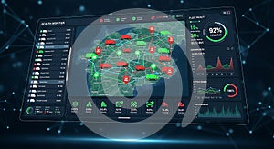 Futuristic digital dashboard displaying real time global tracking map with data analytics and network connections