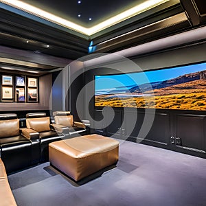 A high-tech, home cinema with a giant screen, plush seating, and a fully stocked concession stand3, Generative AI