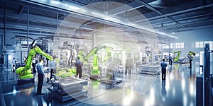 High-tech industrial plant, state-of-the-art car manufacturing equipment in a futuristic setting