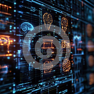 High-tech interface displaying brain data and neural network analysis, illustrating advanced AI and neuroscience.