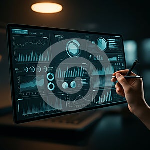 A high-tech interface displaying various data visualizations, including line graphs, bar