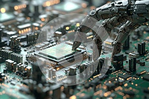 A high-tech lab environment is where a robotic hand interfaces with a microchip