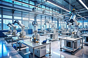 A high-tech lab where self-replicating robots or machines photo