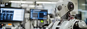 Robot engaged in advanced research within a high-tech laboratory filled with blinking lights and computer screens