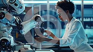 high-tech laboratory, illustration of woman and robot assistants working together, robotic arm manipulator helps female