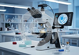 A high-tech laboratory microscope with multiple