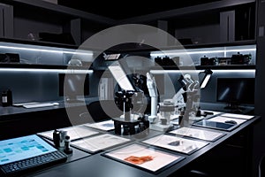 high-tech laboratory, with microscope slides and specimens displayed on tablet